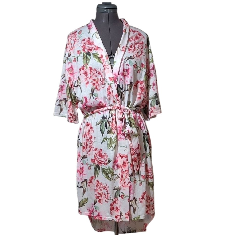 Show Me Your MuMu Pink and Green Floral Robe V-Neckline